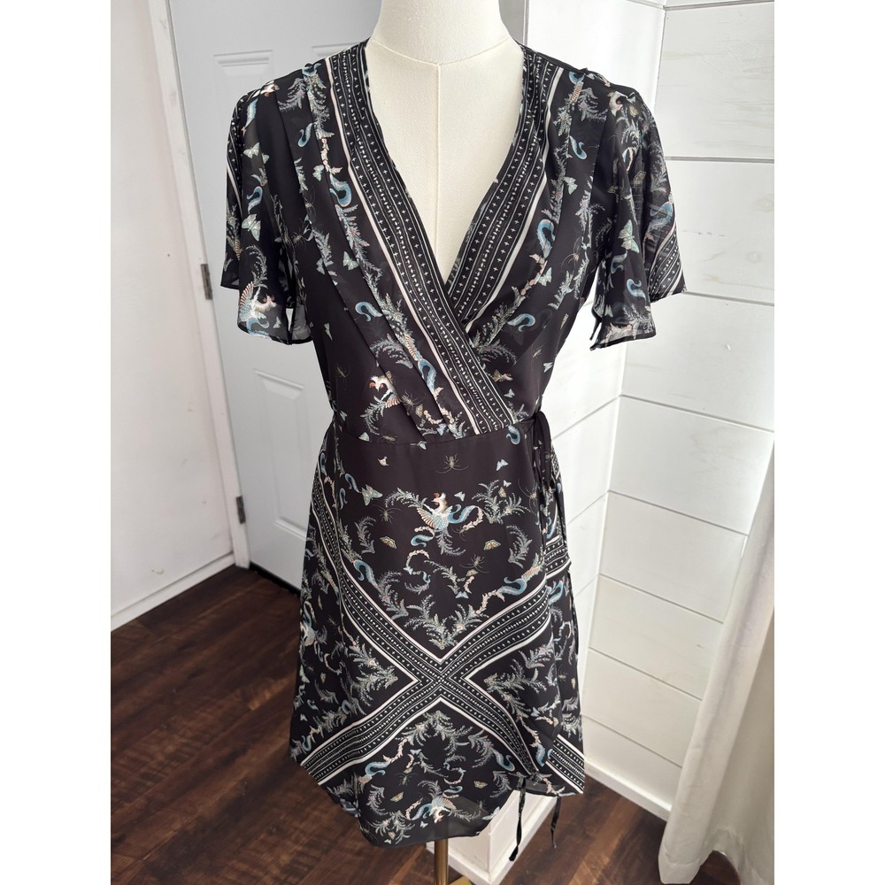 All Saints Kaiya Assam Dress Womens 0 Black‎ Animal Wrap V Neck Mini Butterfly